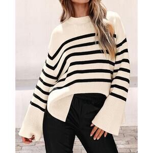Fall Fashion KIRUNDO Oversized Beige / Black Striped Knit Sweater Size Small